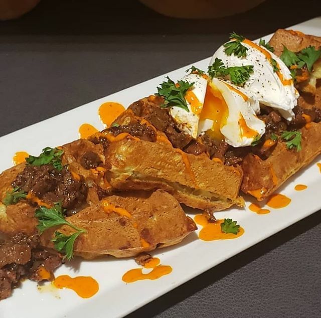 PiCNiC_Coffee's tweet photo. Cheddar cheese and waffles, 2 of the best things put together. Put some zucchini in there and top it off with bacon jam, poached eggs and red pepper coulis and you have our amazing weekend feature! https://t.co/bsMW0z18ij https://t.co/YnqVDOsvSF