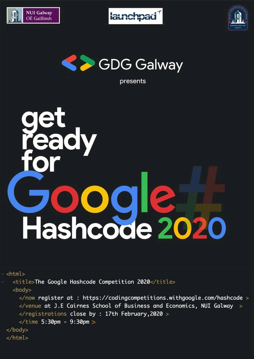 basocnuig's tweet image. #googlehashcode2020 is back again , @basocnuig @GdgGalway and @LaunchPadNUIG bring you the @GoogleHashCode1 on Feb 20th at @nuigalway , Register before 17th Feb using the link below
codingcompetitions.withgoogle.com/hashcode
#businessanalytics #nuig #google #gdg #launchpad