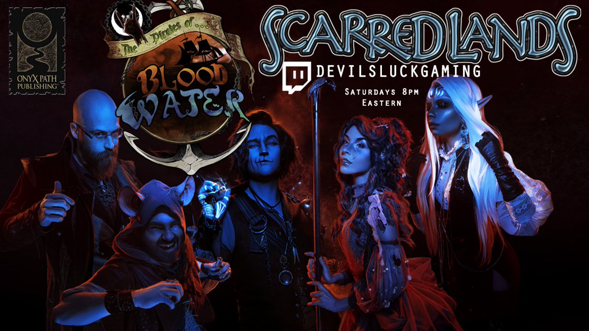 AVAST!! Be tuning inta the #PiratesOfBloodwater on Twitch.tv/Devilsluckgami… RIGHT NOW! In addition to the expected mayhem,  there's a big #Giveaway tonight! #ActualPlay #DnD5E in the #ScarredLands, in association w/ @TheOnyxPath #ttrpg #GamingInGarb #SupportSmallStreamers