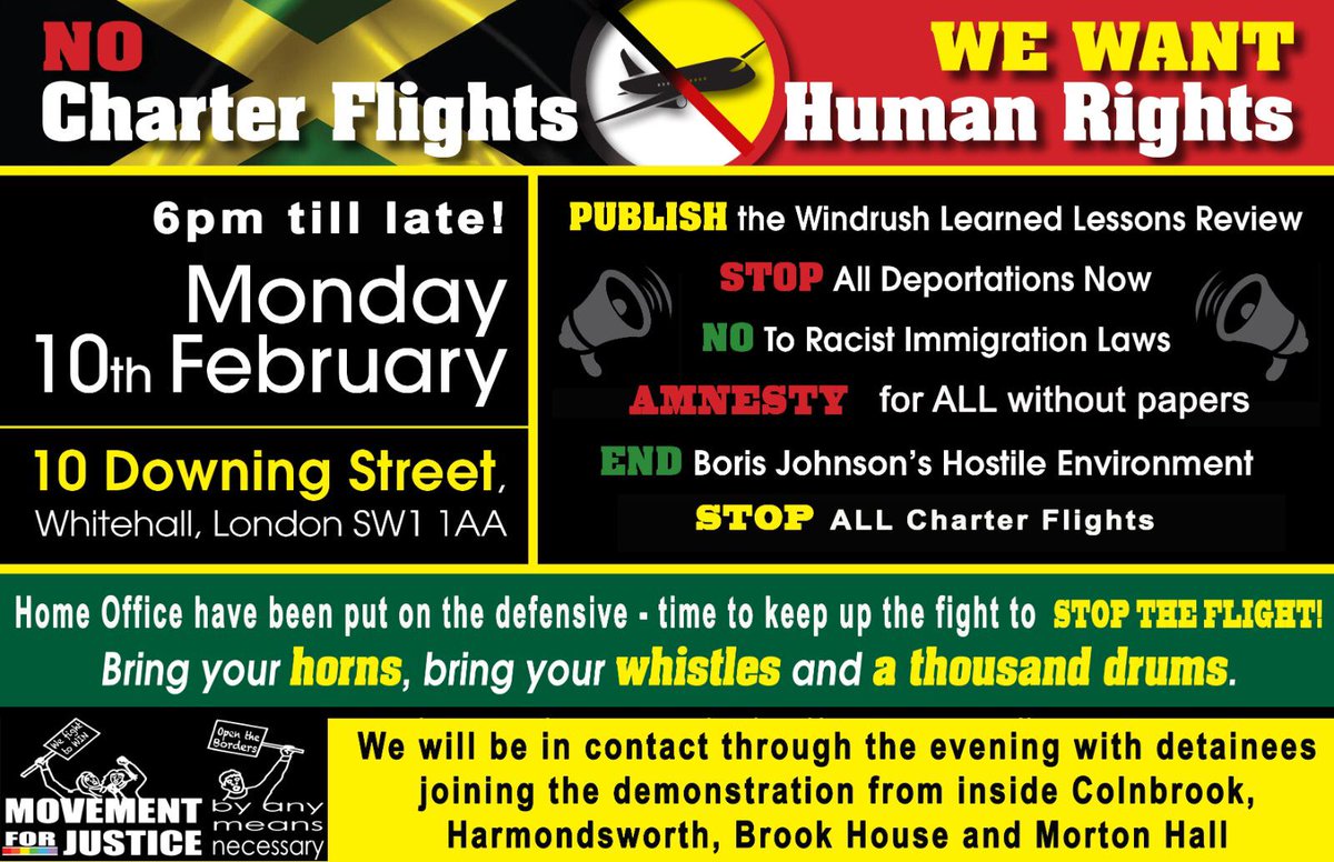 Demo - Monday 6pm
Downing Street
Bring horns, whistles and a 1000 drums!! 🎺✊🗣️

#NoCharterFlights 
We want #HumanRights

#BringTheNoise for #Jamaica50
#WindrushJustice 🇯🇲
 
#Resist #Racist #Deportations