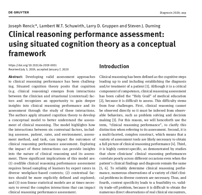 drjamesboyle's tweet photo. New #Diagnosis Journal @ImproveDX @JosephRencic @LSchuwirth @lgruppen Steve Durning #Clinical_reasoning performance #assessment using #situated_cognition theory as #conceptual_framework @sherbino @Jon_Ilgen @PaulBerglMD @boedudley @AndrewElder @UK_CReME https://t.co/Tz9KHykqZ6 https://t.co/d7h9j6VokV