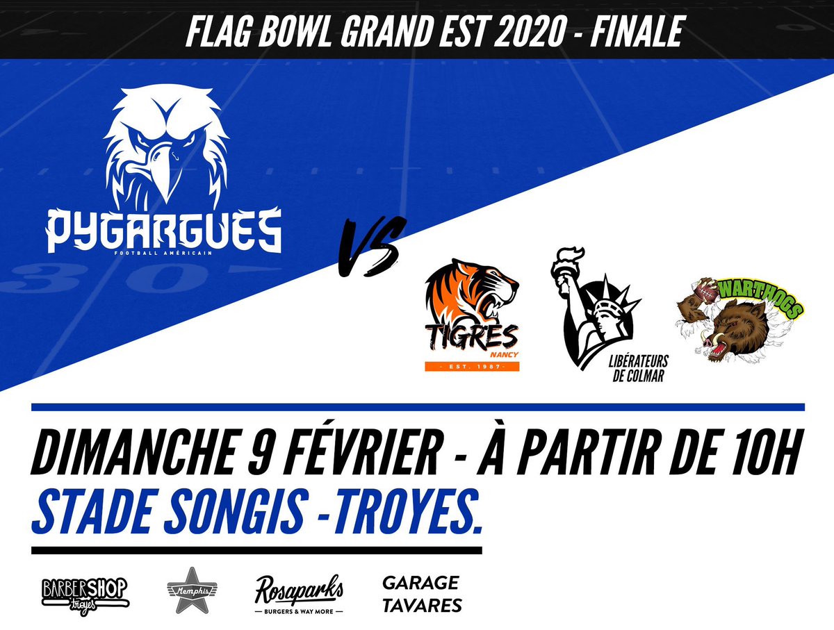 PygarguesTroyes's tweet photo. FINALE du Flag Bowl Grand Est 2020.
Dimanche 9 février 2020.
A partir de 10h - Stade Songis
#Pygargues #Troyes #FlagFootball #GrandEst #2K20 https://t.co/NsDrQ73xZU