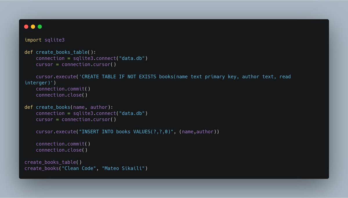 sikaili99's tweet image. Created with @carbon_app 
#100DaysOfCode
#python
#sqlite3