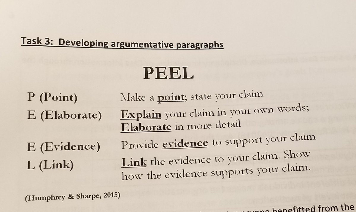 lettered_dandy's tweet photo. Learning about PEEL (Humphrey &amp; Sharpe, 2015) as a framework for building paragraphs in argumentative writing. Point. Elaborate. Evidence. Link. Useful tool!  #TALGS2020 https://t.co/ADnX2SdXbT