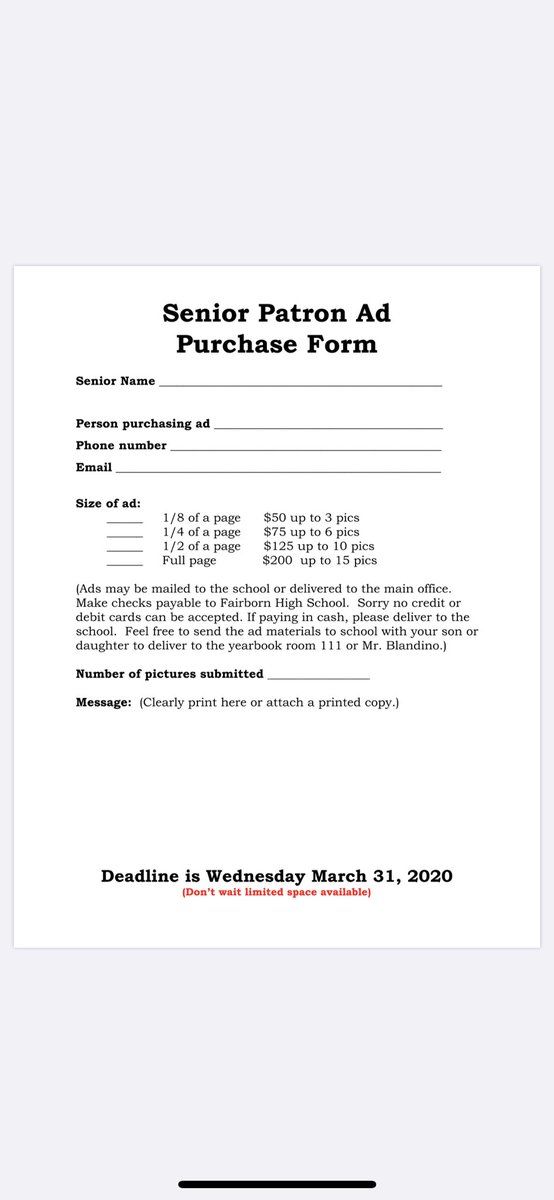 skyhawkyearbook's tweet photo. If your planning to purchase a Senior Patron Ad for the 2020 yearbook.  Time is running out and the deadline will not be extended. https://t.co/EAeJExHxGa