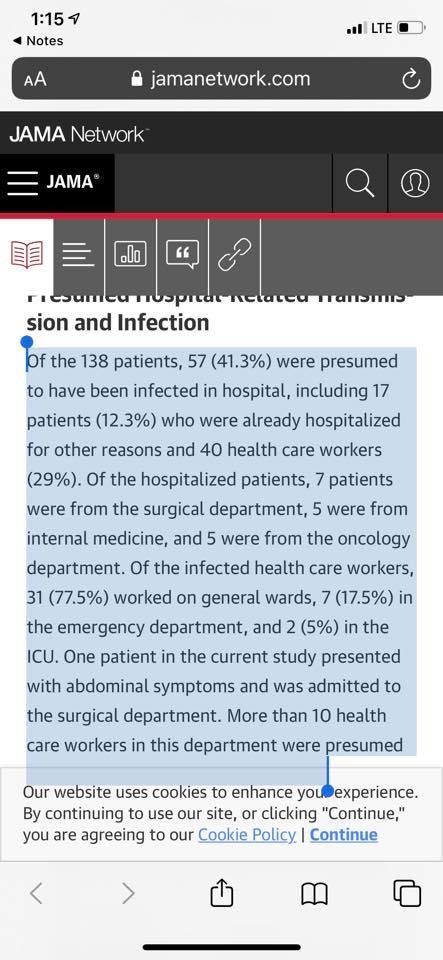 From  @hildyjohns:Put a healthy person next to a sick person and you get two sick persons. Chinese doctors report in the largest case study to date that 40 percent of a disease cluster got  #2019nCoV IN THE HOSPITAL.  https://jamanetwork.com/journals/jama/fullarticle/2761044