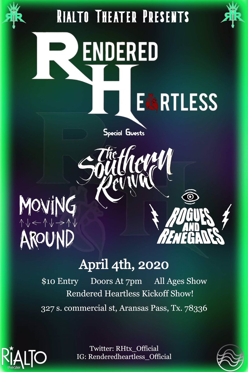 RHtx_Official's tweet photo. April 4th  Aransas Pass, Tx! Kick off show before we hit the road 🤘 joining us will be our boys in @TheSouthernRev, @MovingAround894 and #roguesandrenegades! https://t.co/DEisfbjKpZ