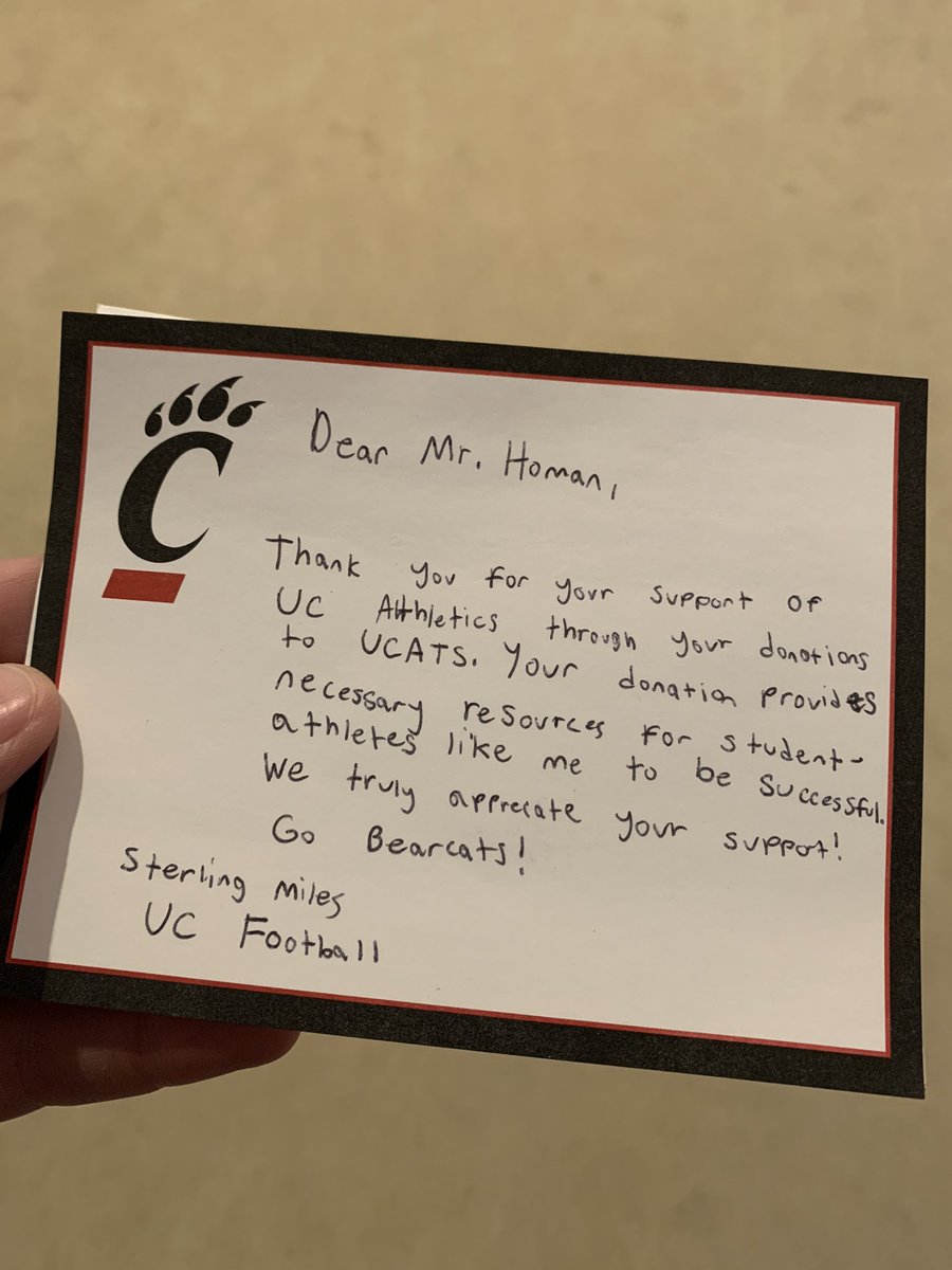 GeoffreyHoman's tweet photo. This is one of my favorite times of the year - when we get a note from a student-athlete to remind us where our UCATS donation goes.
Thanks for the note, @sterlingmi_, and good luck at Nippert! We’ll be watching each game from The Lair!
@GoBearcatsFB @GoBEARCATS @GoBearcatsUCATS https://t.co/KQHBEeKl5A