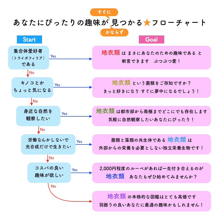 アリノタイマツ 60 5kg در توییتر 趣味探しのための実用的なフローチャートを作成しました 良い趣味との出合いが あなたの人生をより豊かに彩りますように 趣味 趣味探し 余暇 フローチャート 診断 スガシカオ 地衣類