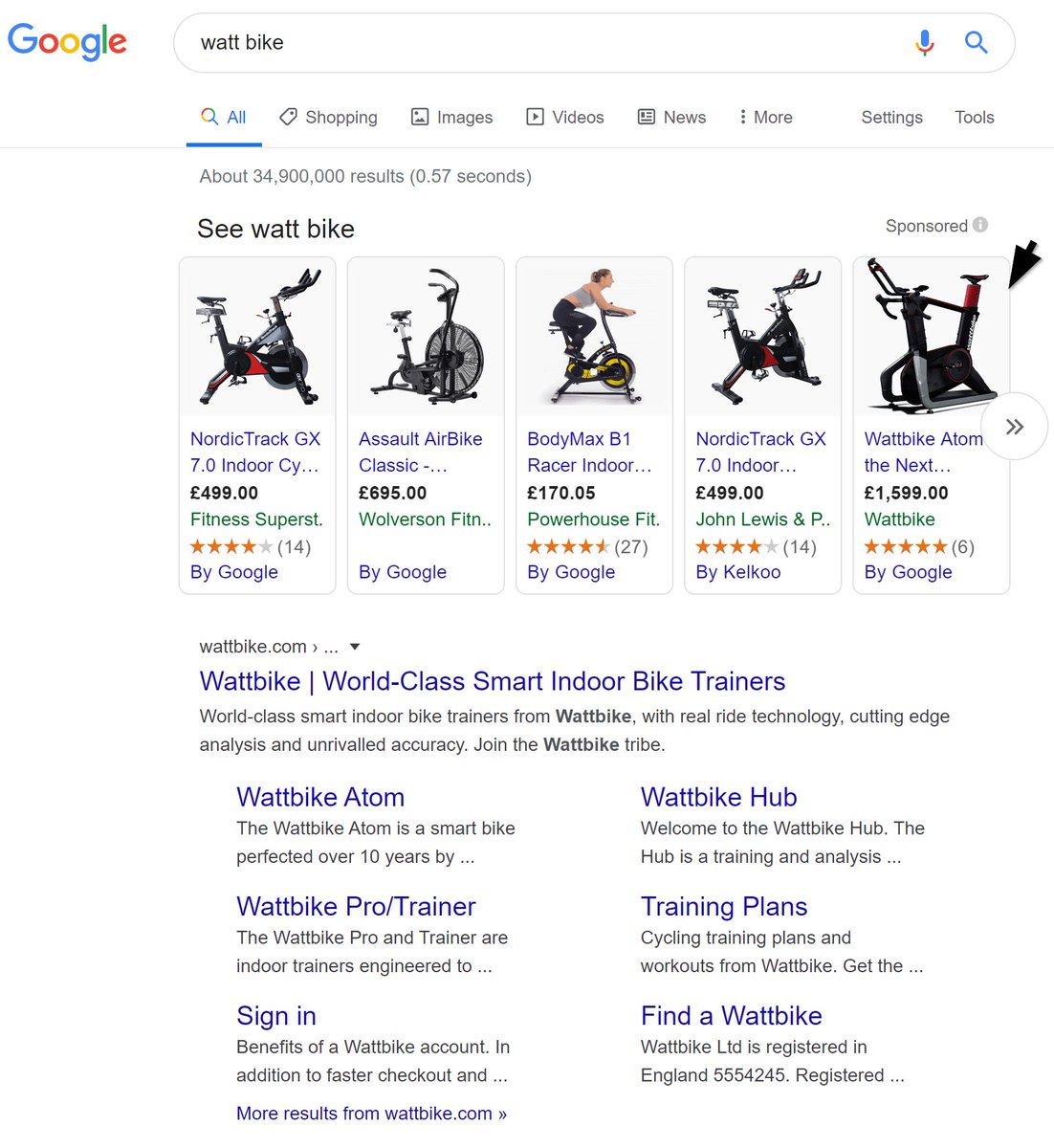 49. PPC. In some situations it's sensible to pay up for your own brand ad. Eg here, there's a block of shopping ads above the 'Watt Bike' ad when you search for their name. Ie, there's a slim chance a potential customer starts looking into a competitor's product instead.