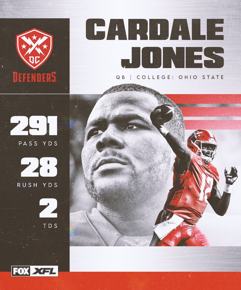 XFLonFOX's tweet photo. DC Defenders QB Cardale Jones CAME TO PLAY for his @xfl2020 debut. 😤 https://t.co/1g8PXDmcXo