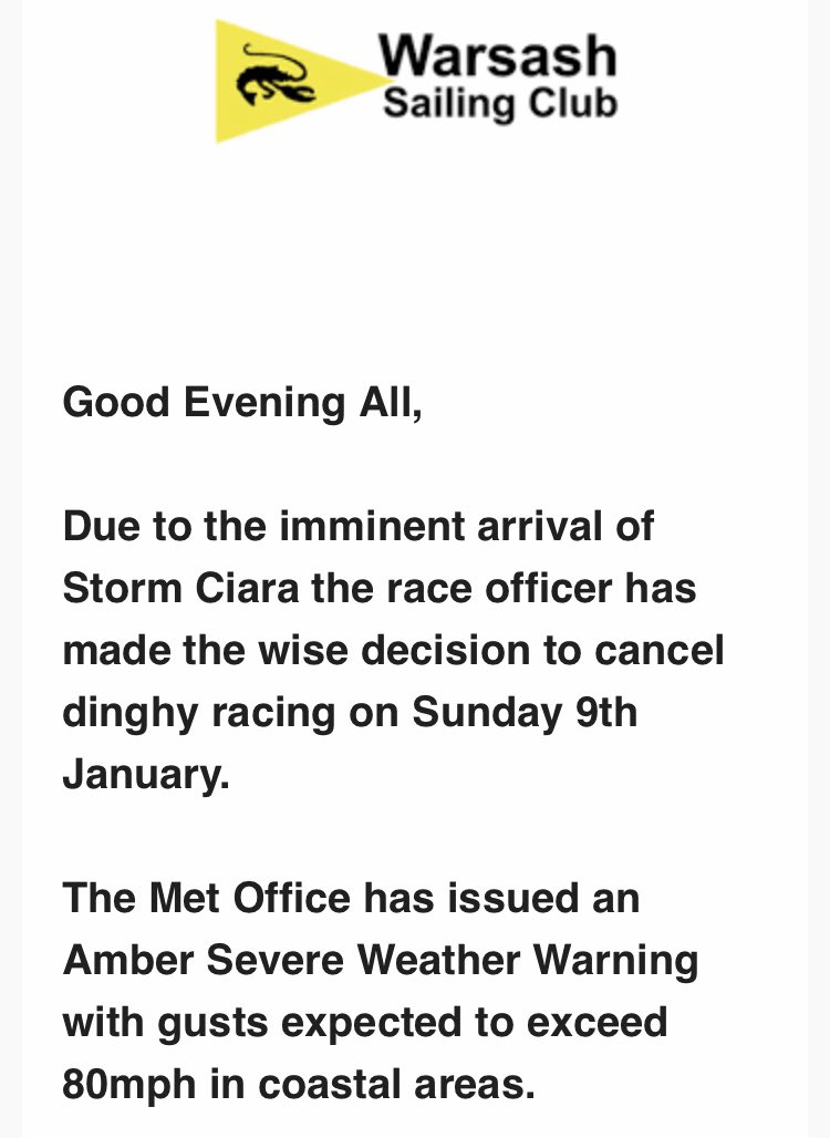 WarsashSCResult's tweet photo. #Warsash #Sailing Dinghy Racing Cancelled Sunday 9 Feb due to #StormCiara https://t.co/DQdoNVe8if