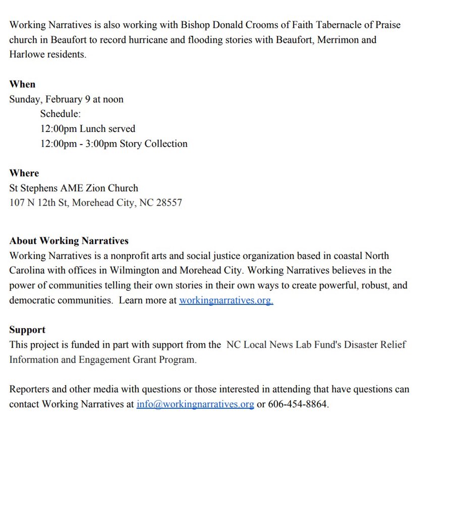 INBOX: Working Narratives podcast collecting stories from Carteret County #HurricaneFlorence2018 survivors tomorrow. More info below or @sarahsloanfilm