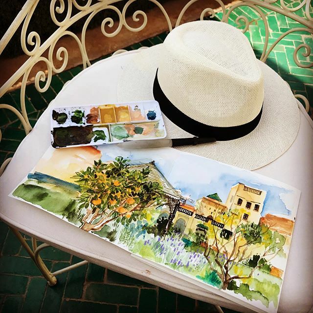 fifilatrixabel's tweet photo. Had a wonderful last afternoon in #marrakesh sketching in Le Jardin Secret. It was warm and sunny and it was a very nice lunch too. Recommended as a little oasis of calm in the Medina #marrakech #sketch #concertinasketchbook #watercolour #watercolourpain… https://t.co/upf9xuwB17 https://t.co/LFAAlnG4Bh