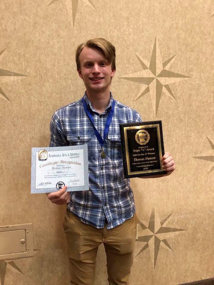 WHAWolvesHoops's tweet photo. Congrats to senior Tom Hansen for representing WHA at the Triple A banquet this past week. Tom was the SubSection winner! The Triple A award is to recognize and honor high school seniors who have excelled in the classroom, on the athletic field and in the fine arts. Congrats Tom! https://t.co/sVvm3VaYPp