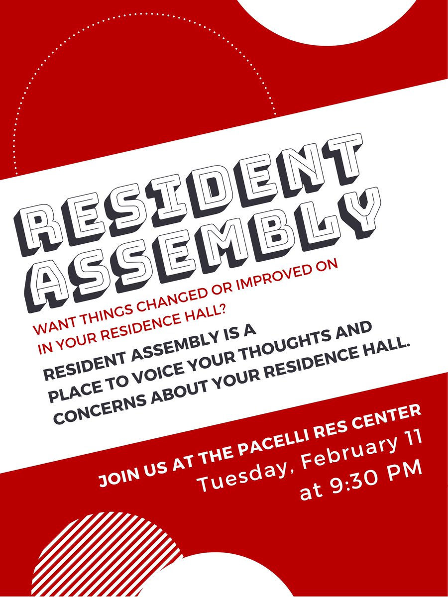 SXURHA's tweet photo. This upcoming Tuesday is our first #ResidentAssembly of the semester! Join us at 9:30 PM in the Pacelli Lounge and share your thoughts and concerns about your on-campus experience. Plus, get a chance to win a prize from the Mystery Box!
📣📣📣
#SXURHA #SXUHallCouncil #LiveSXU https://t.co/HBoFJFMBlu