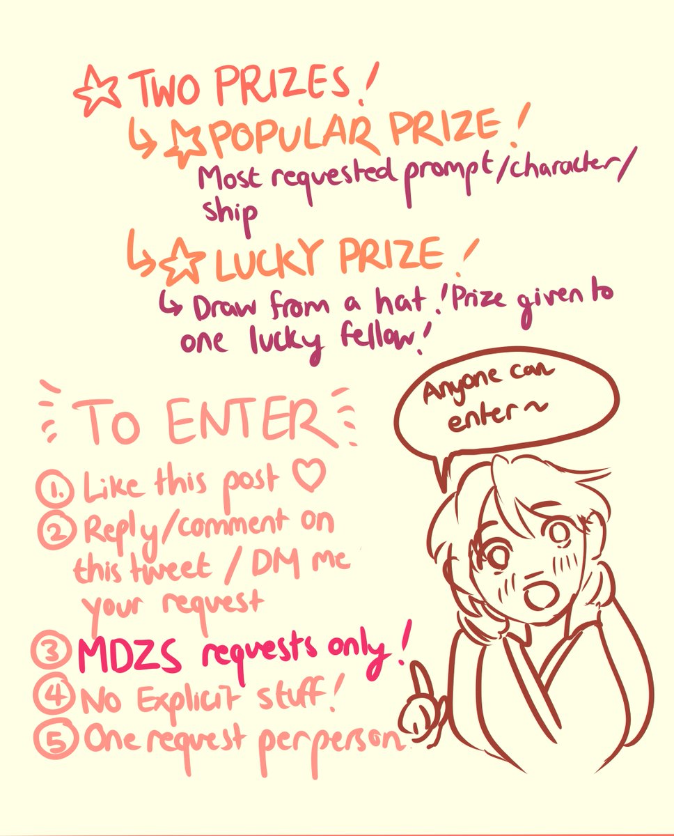 To thank you all for your support I'd like to do an art raffle! Deadlines on feb 14th ❤️
I feel like I never express my gratitude and appreciation to those who support me clear enough! So!! SO!!! HERE! I HOPE THIS GOES WELL
#MDZS
