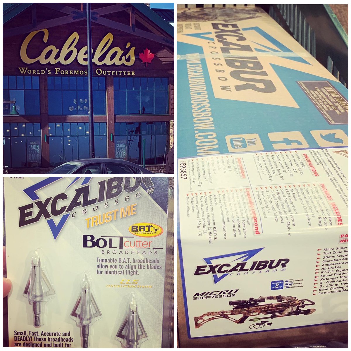 EmpireHunting's tweet photo. Quick rip up to Barrie @Cabelas @cabelascanada Thanks to the manager Darrell and his friendly staff for helping me out. Added another @excalcrossbow to the collection!! #microsuppressor #boltcutters #cabelas #empirehunting https://t.co/uciB8eaSWN