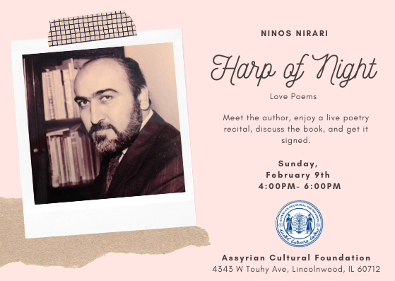 ACFChicago's tweet photo. Get a first look at Ninos Nirari’s new love poetry book, Harp of Night, just in time for Valentine’s day.
Mark your calendars: This Sunday, February 9th at 4:00pm for an evening filled with love and poetry.
#ACFChicago #ACFEvents #Love #Poetry https://t.co/FCQNwIwLsT