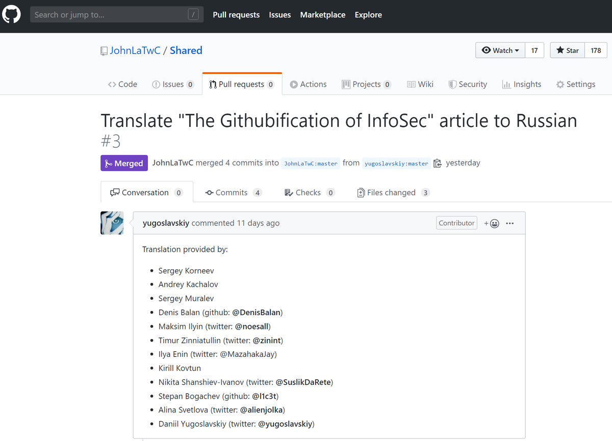Community based defense is a universal message. Thanks to the Russian infosec community who translated my post on the Githubification of InfoSec 🙏

🆕habr.com/en/post/487584/

How did it happen? By a pull request how else!  Special thanks to <a href="/yugoslavskiy/">Dan</a> for leading the effort.
