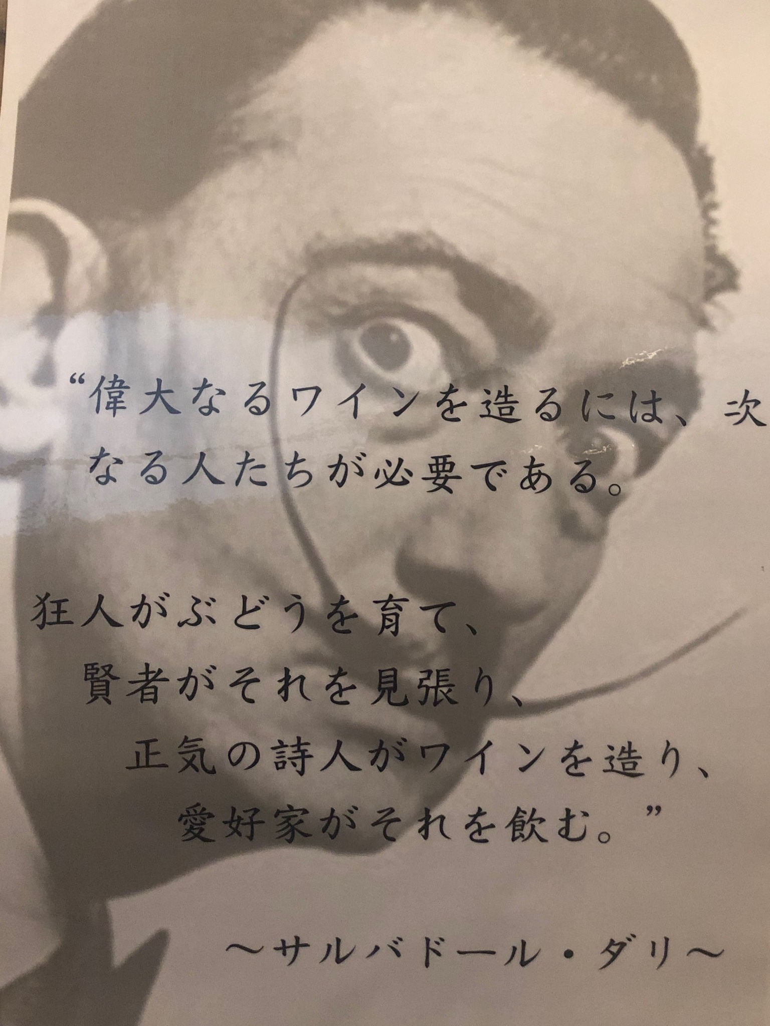 岩瀬 宏二 ワイン名言 ダリ 芸術家として知られているスペイン出身のサルバドール ダリの名言 偉大なるワインを造るには 次なる人たちが必要である 狂人がぶどうを育て 賢者がそれを見張り 正気の詩人がワインを造り 愛好家がそれを飲む