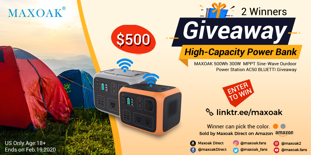 🥳Power Bank #Giveaway 🥳
$500 MAXOAK 500Wh 300W Power Station BLUETTI Giveaway
US Only.Ends on Feb.19,2020 
👇Enter👇: 
bit.ly/2vg8z3a
More #Giveaways👉：linktr.ee/maxoak

🤳Reply with #Maxoak #powerstation #powerbank
👉Like &amp; Retweet 
💝Follow@Maxoak_fans