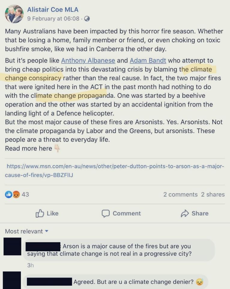 Alistair Coe posts blatant lies... he has since deleted, but he is fueling the climate deniers rhetoric #LNPCorruption  #ScottyfromMarketing  #ClimateEmergency