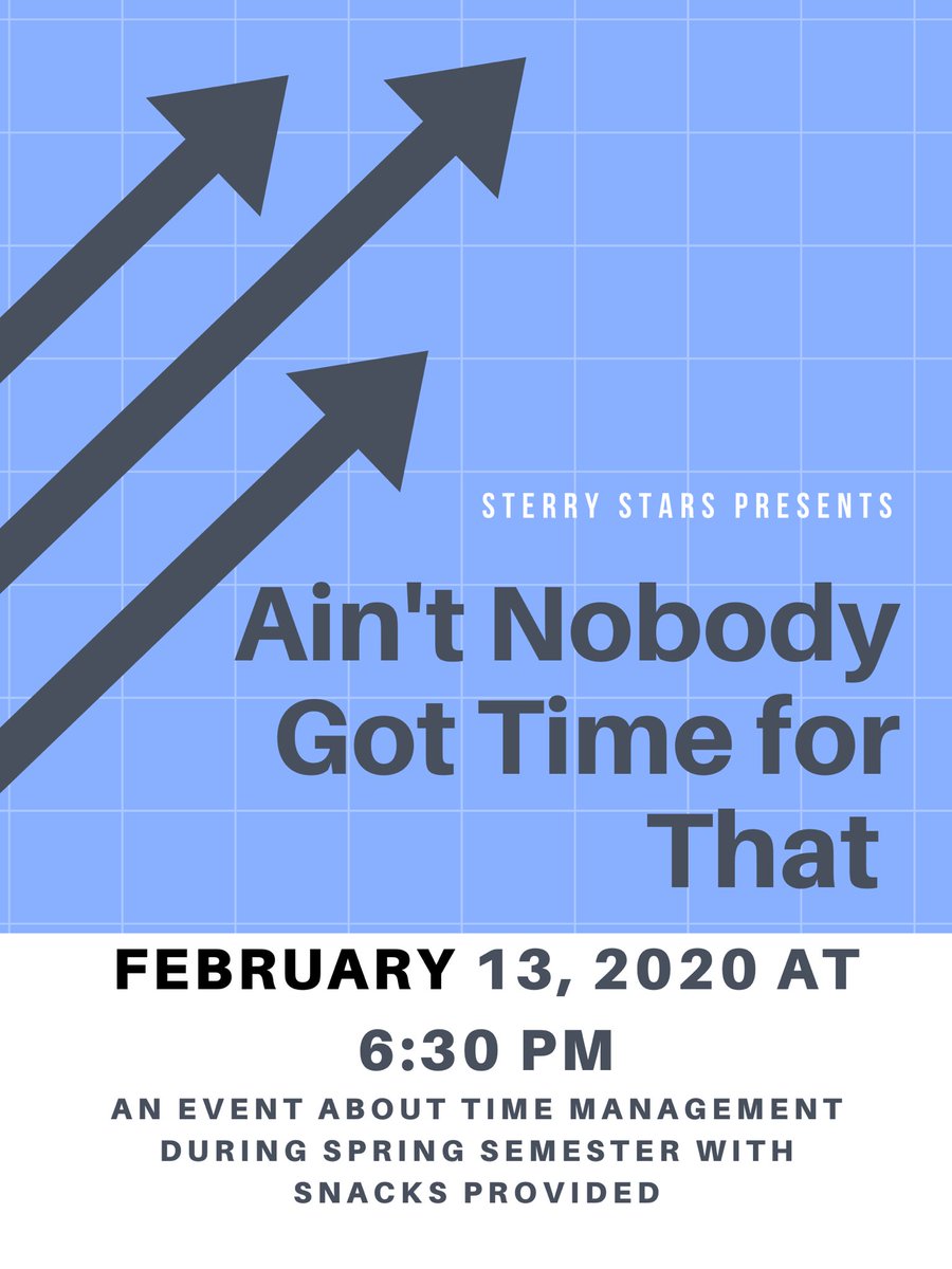 Hey Sterry Stars! Come enjoy a great time management program! Also we have snacks!! This Thursday at 6:30 pm in the 1.5 lobby!! 🎉