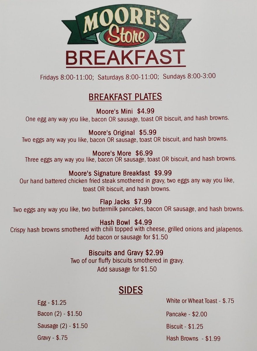 MooresStoreBWTX's tweet photo. Moore’s Store is excited to announce we are now serving Breakfast Fri:8-11AM, Sat:8-11 AM & Sun:8AM-3PM. Come join #SundayMorning for #breakfast or #brunch #weekendbrunch #MooresStore #BenWheelerTX #EastTexas #mimosa #coffee https://t.co/HkUp0GMpKy