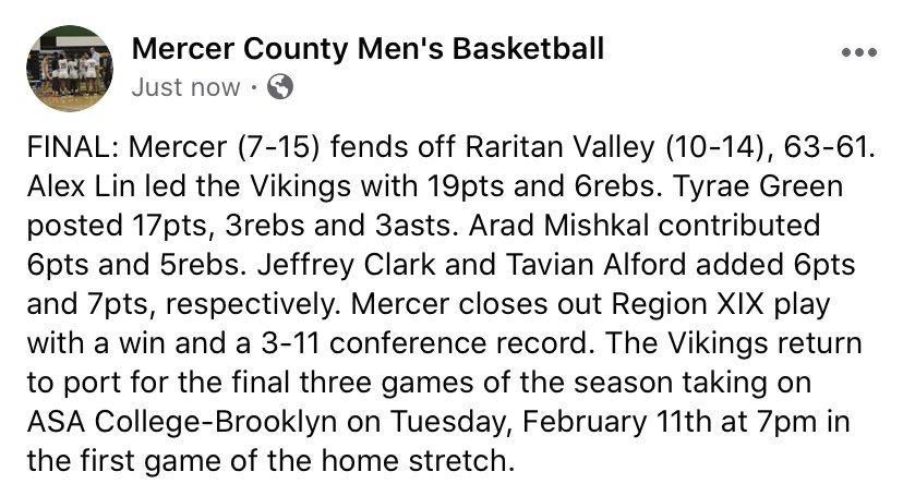 MCCCHoops's tweet photo. FINAL: Mercer (7-15) fends off @RVCCAthletics (10-14), 63-61. #MercerCollege #MCCCHoops #RowForward https://t.co/hY65NtHVrY