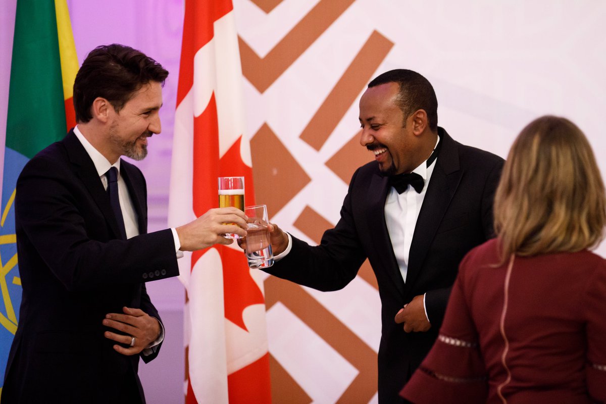JustinTrudeau's tweet photo. We live in a world where it can be easier to think of what divides us than what unites us. But we’re not going to let that stand in our way - when we work together, we can deliver real results for people in Canada and Ethiopia. Here’s to being good friends &amp; strong allies! https://t.co/nG1jyQnInH