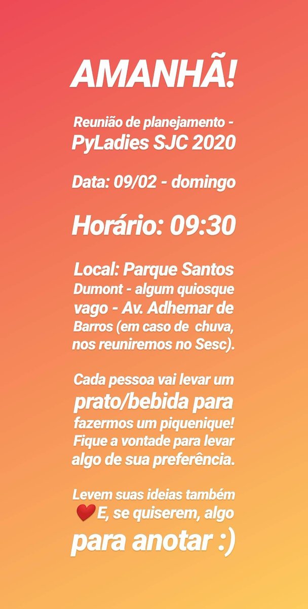 Estaremos amanhã (09/02) no Parque Santos Dumont (em alguns dos quiosques) às 09:30, para discutirmos o que será feito em 2020, ouvir sugestões e claro, experimentar muitas comidinhas gostosas!

Leve uma comida/bebida de sua preferência!

Se chover iremos pro Sesc - que é do lado