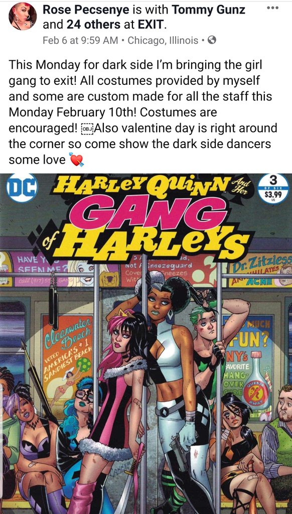 NewVoodooJew's tweet photo. When my favorite bar in Chicago #ExitChicago is in a shout out with @jpalmiotti run on #HarleyQuinn and her gang of Harley's. https://t.co/ionmh4ecBP