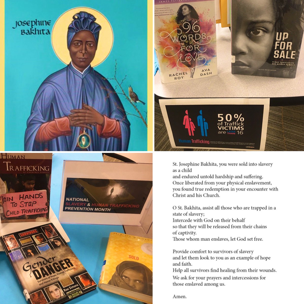 KristiBrawley's tweet photo. Children, men &amp; “women continue to be victimized... #StJosephineBakhita inspires not passive acceptance but the firm resolve to work effectively to free [people] from oppression &amp; violence, &amp; to return them to their dignity...” St John Paul II #HumanTrafficking #USCCB prayer card https://t.co/OnjAiZg5xh