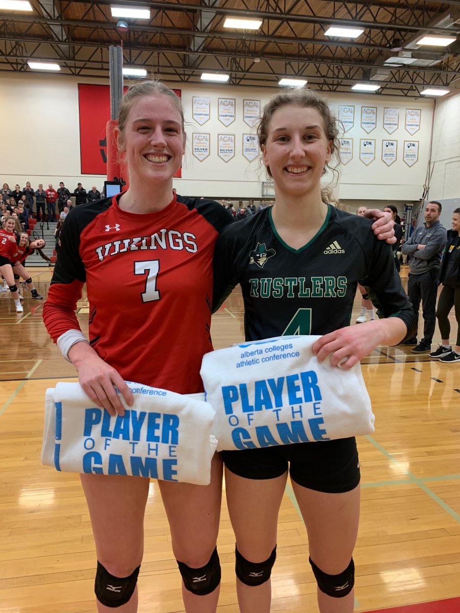 UofA_AugVikings's tweet photo. #WVB Vikings win in a nail-biting game with 3 sets to 2 against @GoRustlers! #Govikings #uaawvb 
@ACAC_Sport 
Players of the game were awarded to Vikings #7 Karen Wagner, and Rustlers #4 Jenay Varga. https://t.co/qvoycu5XvU