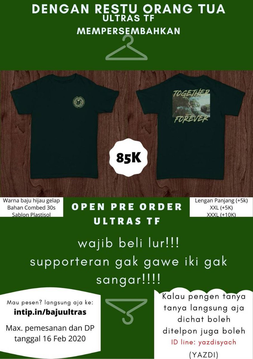 HMTF_ITS's tweet photo. [HMTF REPOST: DENGAN RESTU ORANG TUA]

ULTRAS TF

haii rek!! bingung supporteran pake baju apa? dari pada bingung langsung ajaa pesen bajunya di https://t.co/NDXR8s7qbl hanya dengan 85K kalian bisa pake baju yang keren banget pastinya. 

#ULT24STF
#HMTFREPOST https://t.co/LOJP3tCrN2