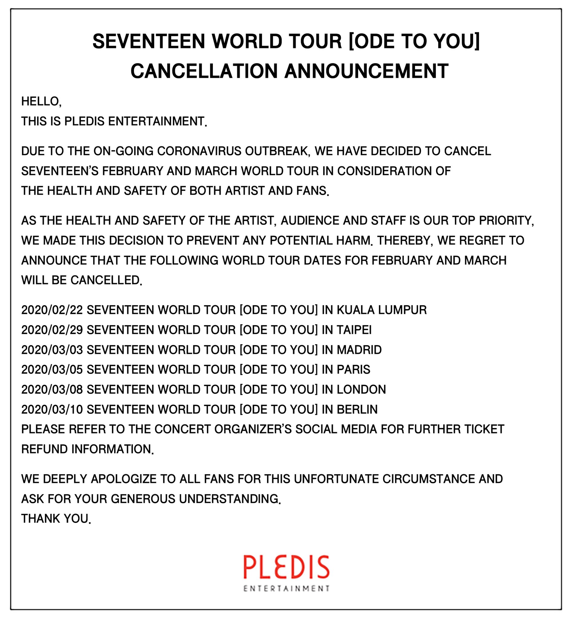 Seventeen World Tour Cancelled