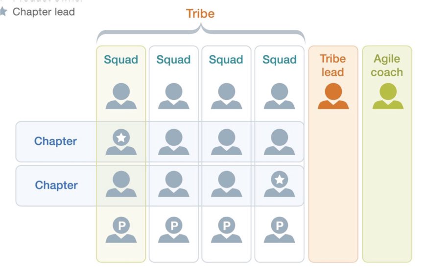 For those who aren’t familiar with Agile, here is one way a Tribe can be structured.  = Chapter LeadP = Product Owner