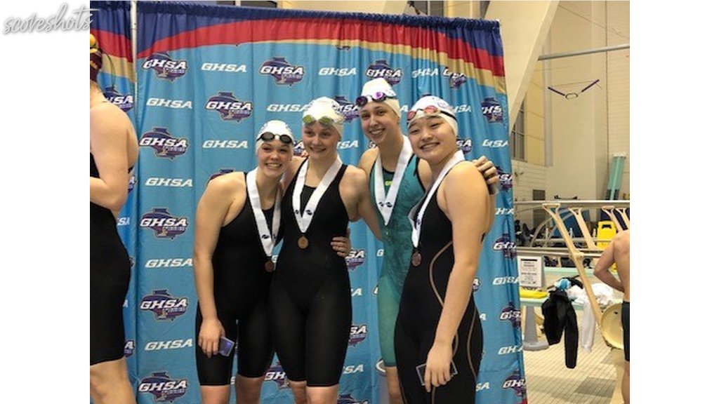 Your 3rd Place State 200 Yard Medley Relay: Sophia Ishikawa, Olivia Yahne, Sophia Caceres, and Allison Damron! First podium ever for Lady Spartan Swimmers at State!