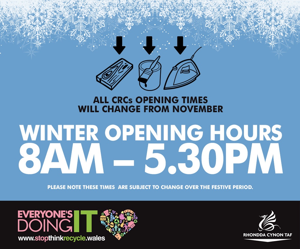 RCTCouncil's tweet photo. ALL CRCs remain open 7 days a week, but now close at 5.30pm under Winter opening hours #Recycling #EveryonesDoingIT #StopThinkRecycle. You can find your nearest CRC at https://t.co/my7F1t9yei https://t.co/vegFmlvWeV
