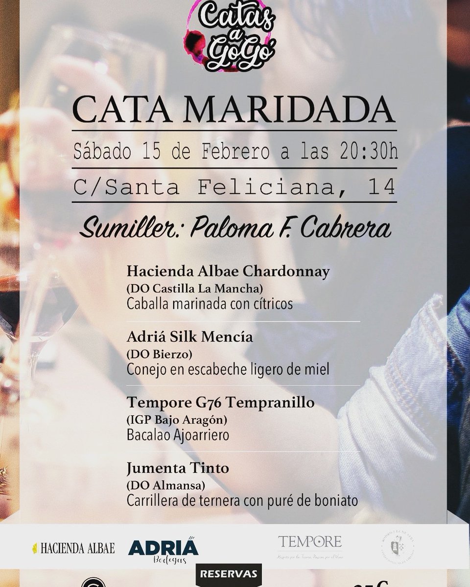 Se avecina cata y... ¡está casi completa!
<a href="/Hacienda_Albae/">Hacienda Albae Bodegas</a> <a href="/BodegasAdria/">Bodegas Adriá S.L.</a> <a href="/BodegasTempore/">Bodegas TEMPORE</a> <a href="/VinoRodeVera/">Pepe Rodríguez de Vera</a> 
#catasagogo #catasconpaloma #cenamaridaje #vino #madrid #wine #winetasting #cena