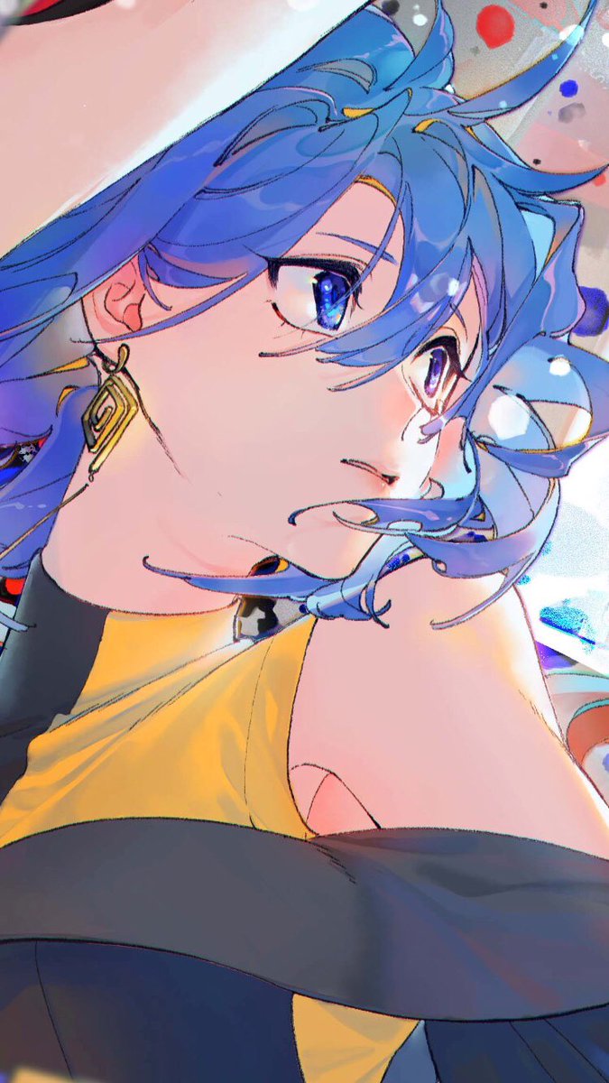solo 1girl blue hair jewelry earrings blue eyes hat  illustration images