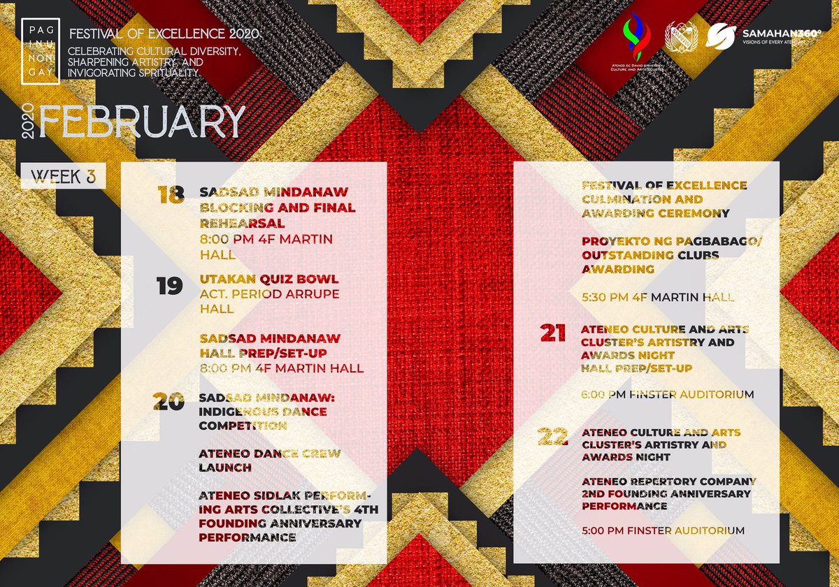 AdDUCultArts's tweet photo. Ateneans, let us celebrate cultural diversity, sharpen artistry, and invigorate spirituality in  February! 

Pag-inunongay 4, Ateneo Arts Fest and Festival of Excellence 2020 Schedule of Events 

#PAGINUNONGAY4 
#FOE2020

(c) @addusamahan Creative Team https://t.co/WF62HsRcnM