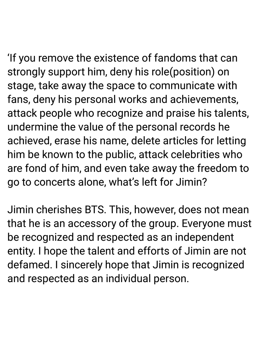 ※ How they take what Jimin has-threadI feel really sad when I see people say PJMs are too sensitive(acting like a victim). In fact, however, Jimin has suffered a lot of damage for real. This fandom,who are supposed to support Jimin, ignores and denies his talent and efforts.