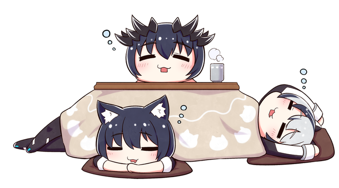 ねこはこたつで
#黒猫ななし #灰猫ななし #銀猫ななし 