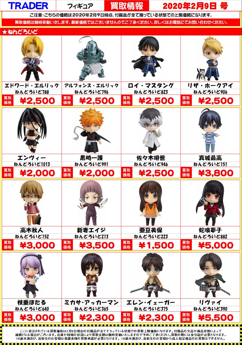 秋葉原トレーダー Hobby Auf Twitter ねんどろいど買取価格 バクマン ナルト ジョジョ ロックマン ワンパンマン デスノート ハガレン 進撃の巨人 ゼルダの伝説 ファイアーエムブレム などの ねんどろいど 買取価格表です 秋葉原でねんどろいどを売る