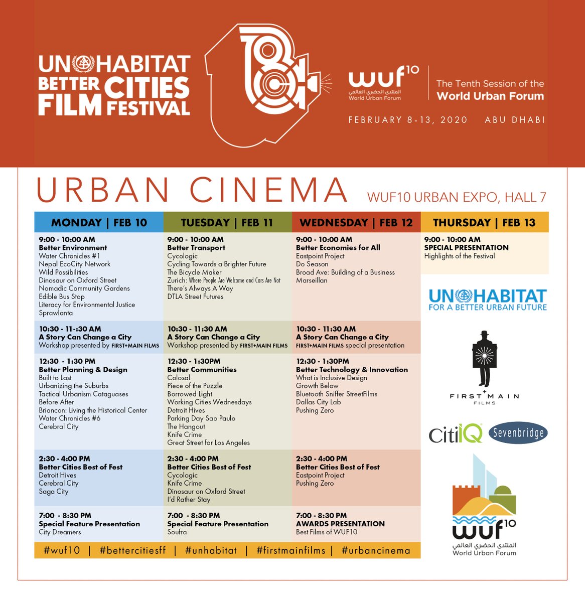 BetterCitiesFF's tweet photo. The complete line up of #UNHabitat #BetterCitiesFilmFestival at #WUF10 all screenings take place at the #UrbanCinema in Hall 7 of WUF 10 Urban Expo, Feb 10-13. https://t.co/PEpM1DpNqY