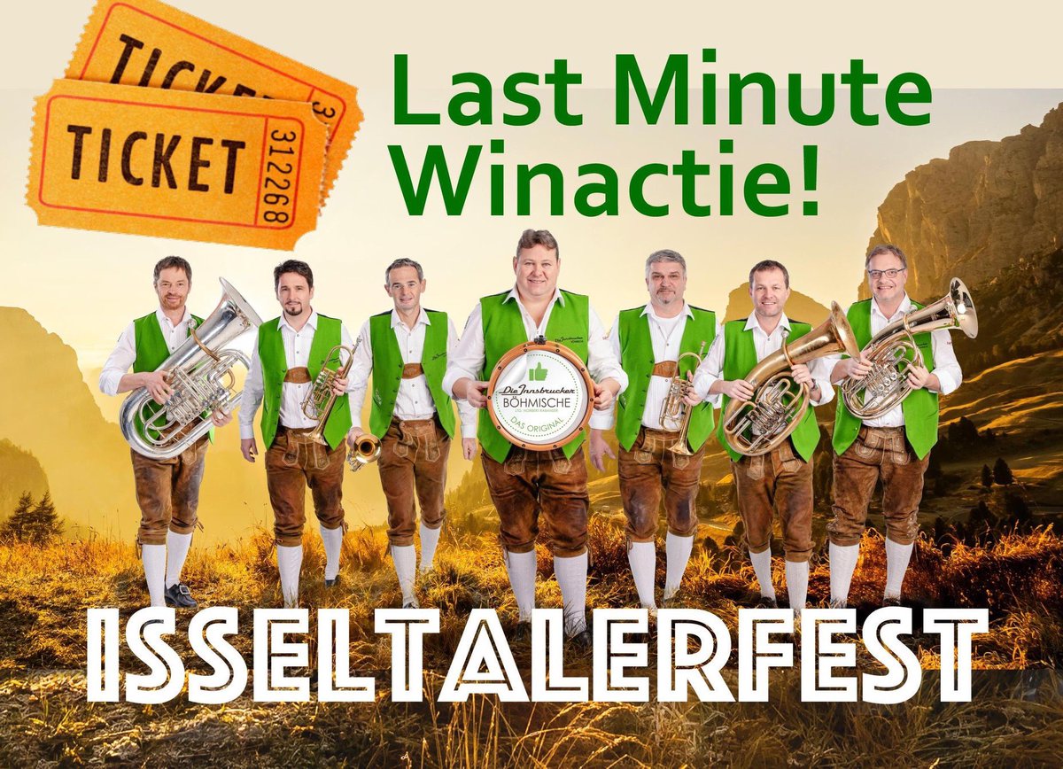 IsseltalerMusikanten (@isseltaler) on Twitter photo Wij geven 10 x 1 kaartje weg voor ons Isseltalerfest met Die Innsbrucker Böhmische op 29 februari in De Ogtent in Duiven!
Stuur een e-mail met het trefwoord 'FEST’ en je naam naar info@isseltalermusikanten.nl én like dit bericht. Spelvoorwaarden zie Facebook.com/IsseltalerMusi… Wij geven 10 x 1 kaartje weg voor ons Isseltalerfest met Die Innsbrucker Böhmische op 29 februari in De Ogtent in Duiven!
Stuur een e-mail met het trefwoord 'FEST’ en je naam naar info@isseltalermusikanten.nl én like dit bericht. Spelvoorwaarden zie Facebook.com/IsseltalerMusi…