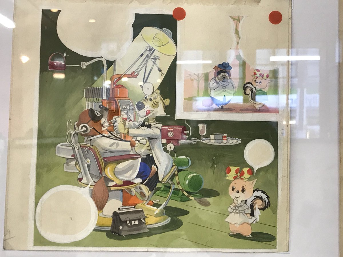 「太田じろうの世界」展
「かわいい」はもちろんのこと、作品によっては違うタッチ、コマの中のレイアウトの良さ、そしてこの歯医者の椅子の緻密さ…そして美しいカラー…感嘆と感動。火曜までという短期間ですが、ぜひ。 