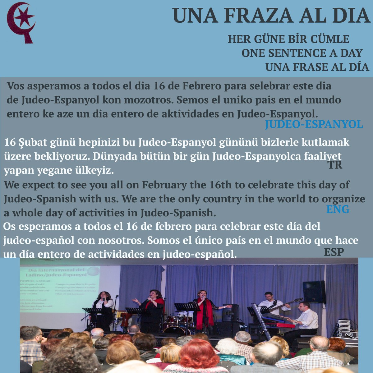 KSarhon's tweet photo. Mos estamos ambezando el Judeo-Espanyol. Una fraza kada dia.
Judeo-Espanyol öğreniyoruz. Her gün bir cümle.
We are learning Judeo-Espanyol. One sentence for every day.
Estamos aprendiendo el judeoespañol. Una frase para cada día https://t.co/tv4OJEsbq0